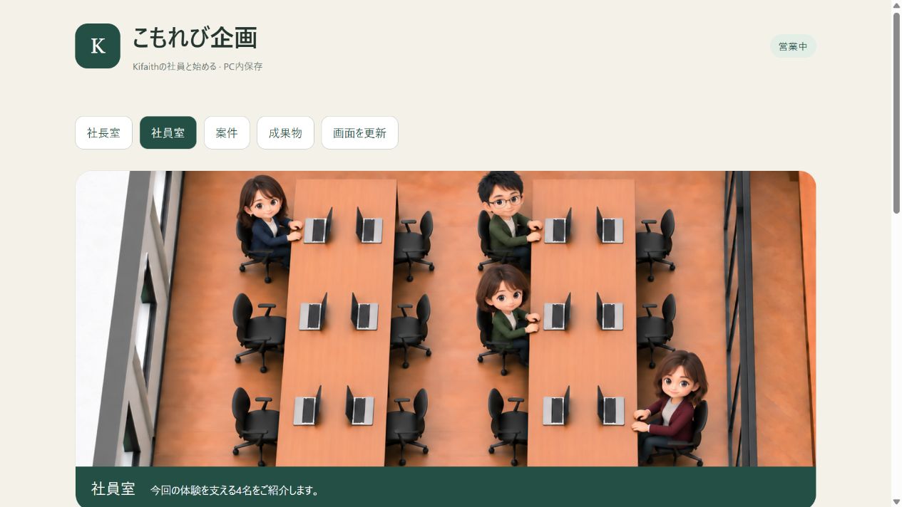 体験セットの修正後試用環境で表示した、4名のAI社員がいる社員室